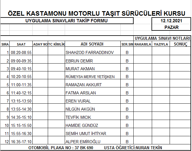 direksiyon uygulama sinav listesi kastamonu surucu kursu